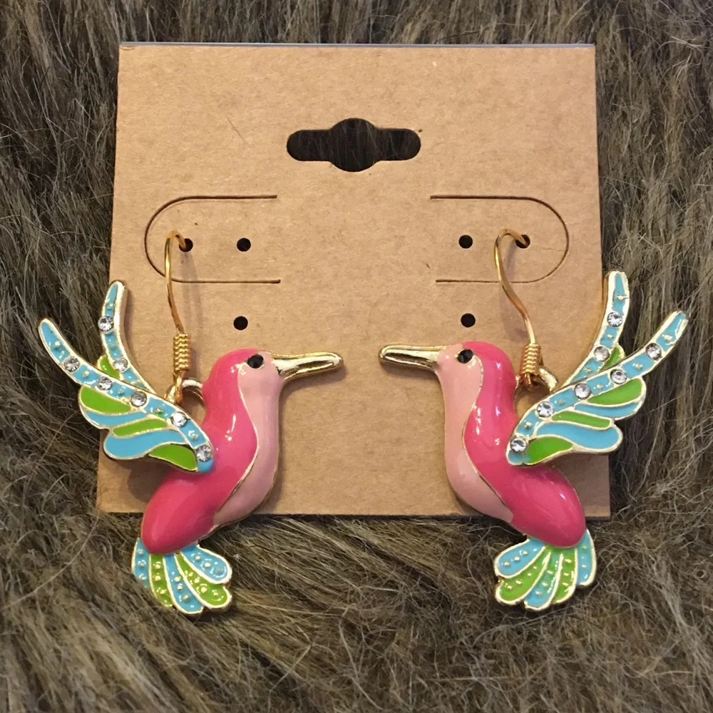 Enamel rhinestone hummingbird fish hook earrings